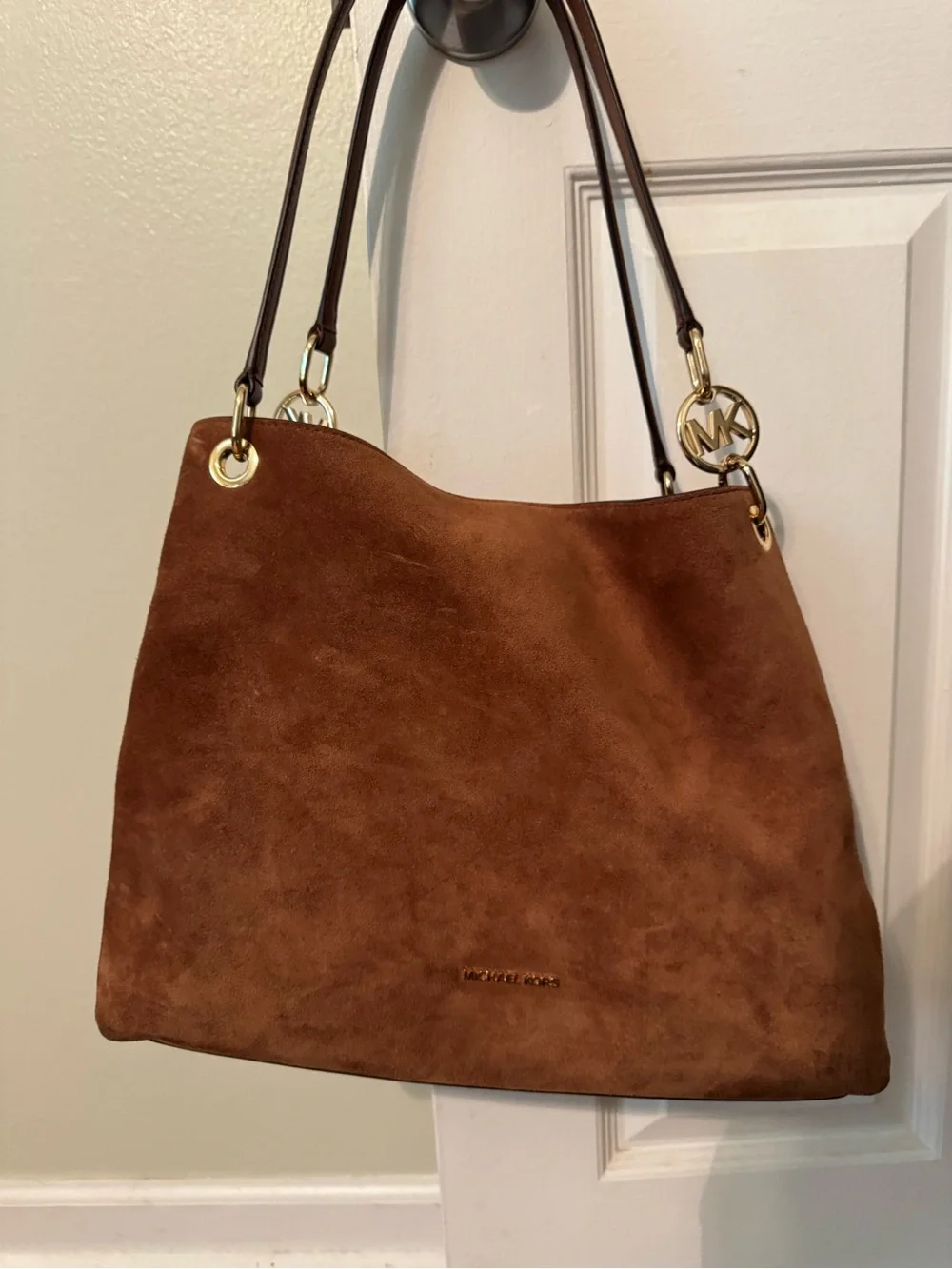 Michael Kors Christina Large Suede Shoulder Bag in Luggage Color (warm brown)